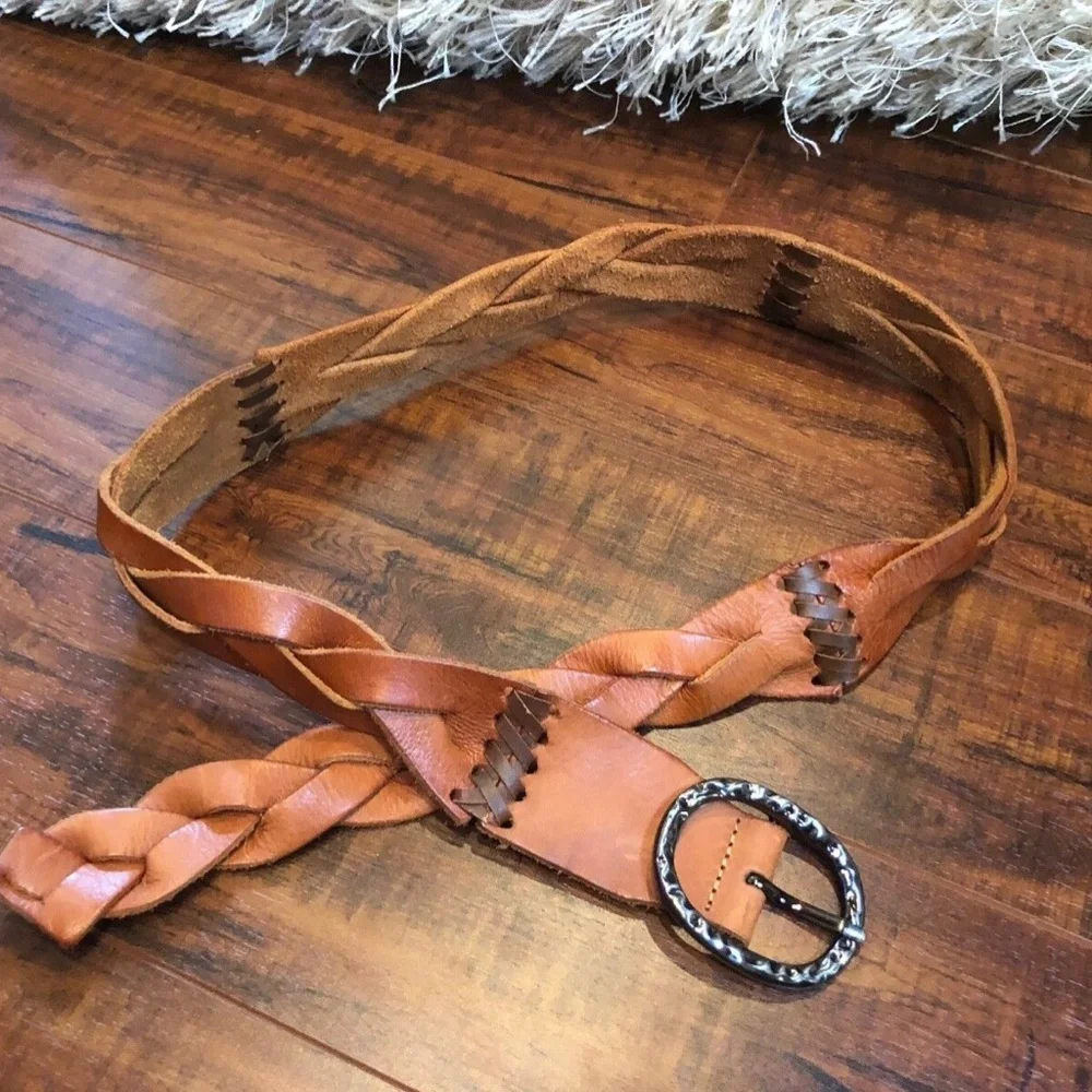 Vintage Bohemian Hippy Distressed Cognac Brown Woven Braided Leather Bel…